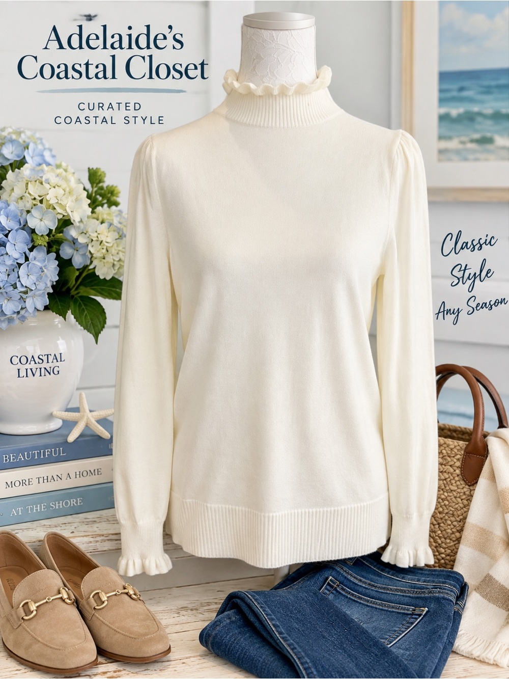CeCe Cream Ruffle Mock Neck Puff Sleeve Sweater Women’s Medium